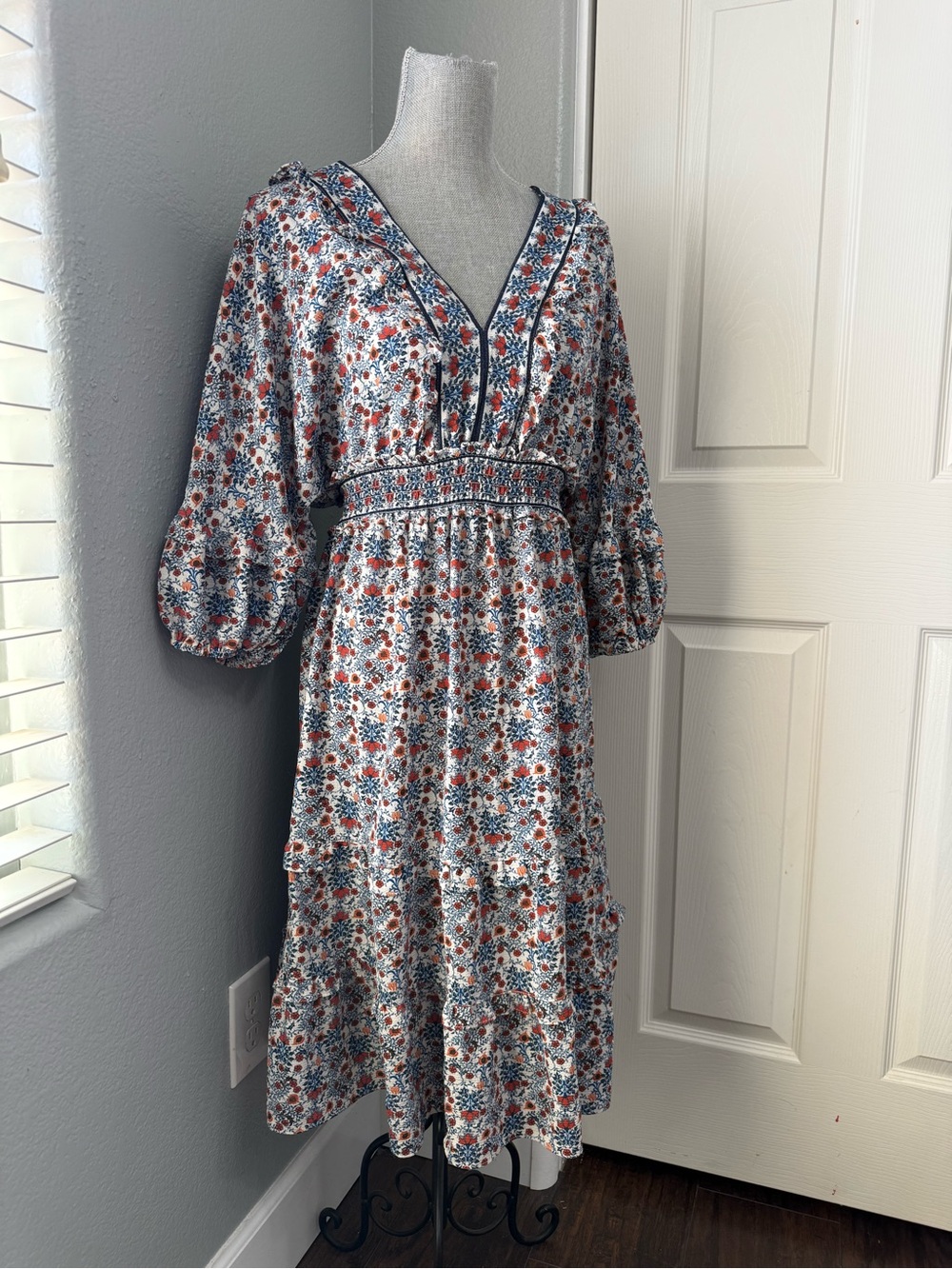 Max Studio Blue and Rust Floral Midi Dress